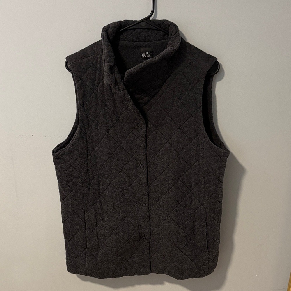 Eileen Fisher Womens XL Gray Quilted Cotton Snap Front Vest Stand Collar Heather